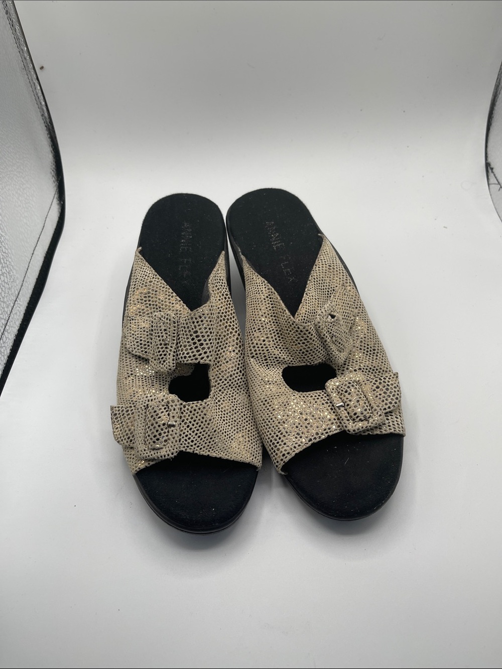 Annie Metallic Beige Slide Mules with Buckle Accent